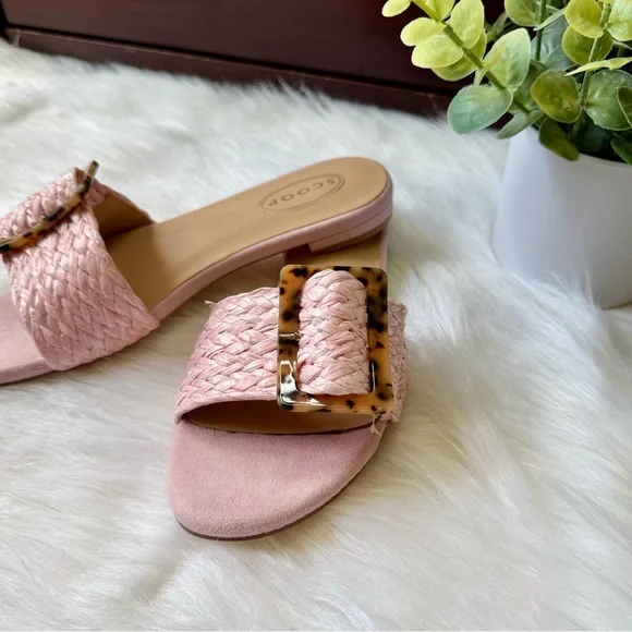 Scoop Rolie Tortoise Buckle Pink Raffia Slide Flat Sandal Size 7.5 - Picture 5 of 12